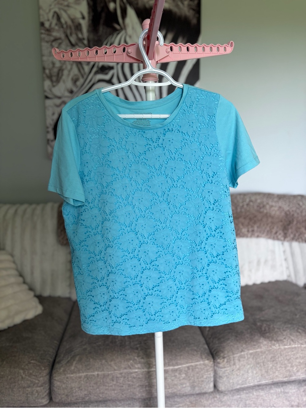 Classic Lace-Front Short Sleeve Top - Aqua